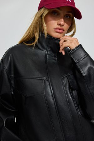 Oversized Faux Leather Stand Collar Bomber
