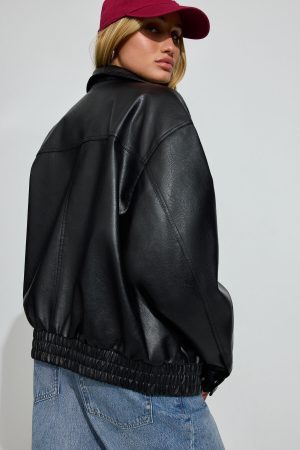 Oversized Faux Leather Stand Collar Bomber